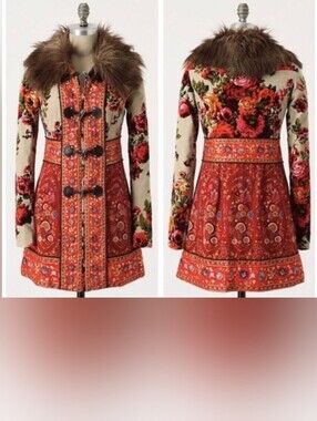 Karelia Anthropologie Elevenses RARE Coat Faux Fur Toggle Duffle Red Boho 4